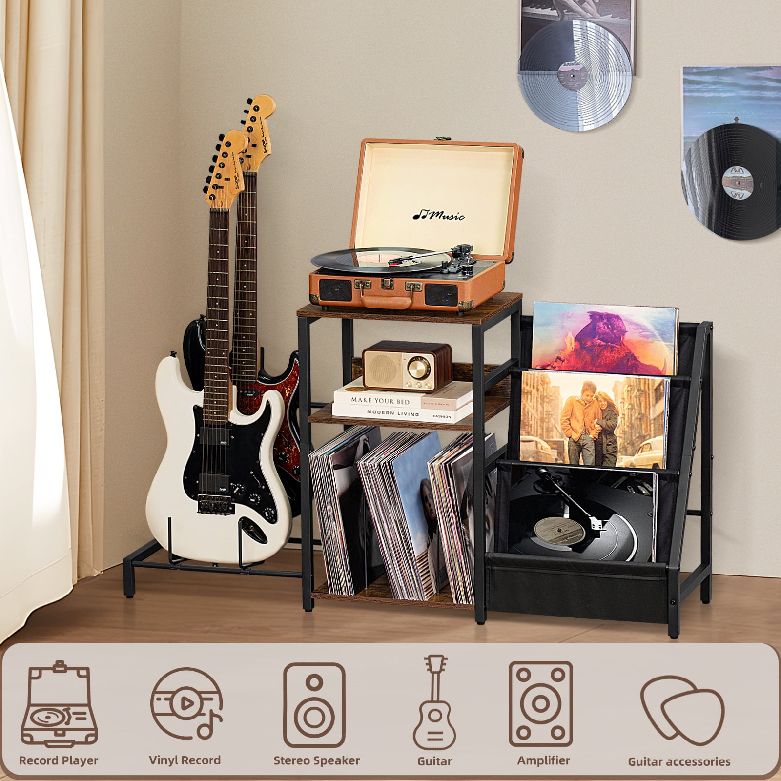 Vinyl Player Stand, Adjustable Guitar Stand for Acoustic Guitar, Violin, 3-Tier Turntable Stand with Vinyl Storage, Holds Up to 150 Albums, Retro Media Console Table for Living Room