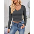 thumbnail image 6 of Long Sleeve Shirts for Women 2025 Fall Fashion V Neck Basics Crop Tops Slim Fitted Y2K Tops Outfits Clothes Grey S, 6 of 8