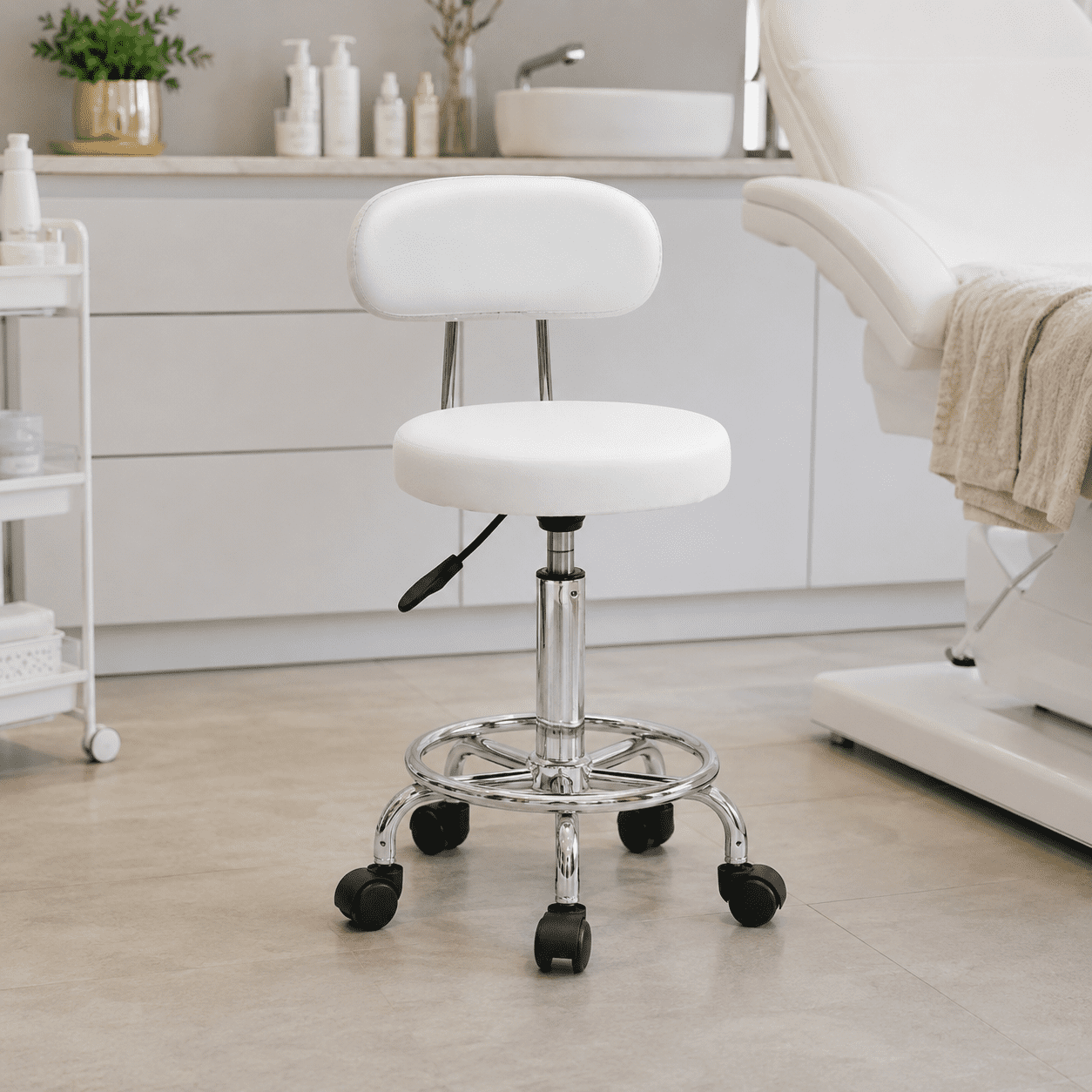 Alvantor Adjustable Height Salon Stool with Backrest and Rolling Wheels, White