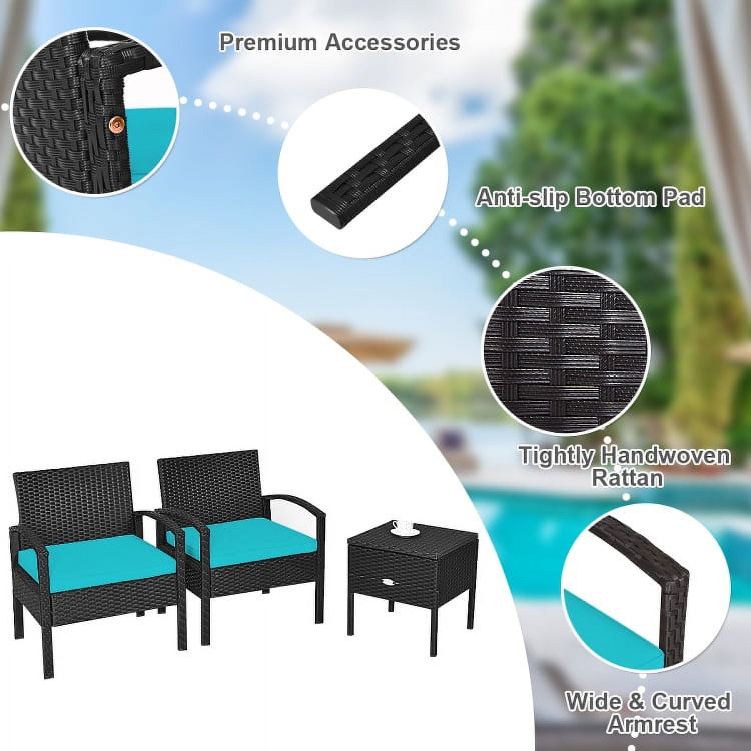 Aimee Lii 3 Piece Wicker Patio Furniture Set, Wicker Outdoor Sectional with Washable and Removable Cushion for Patio, Turquoise