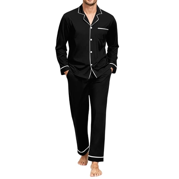 Iaqnaocc Pajama Set for Men Cozy Soft Casual 2 Piece Set Long Sleeve Top and Pants Lightweight Loungewear Black S