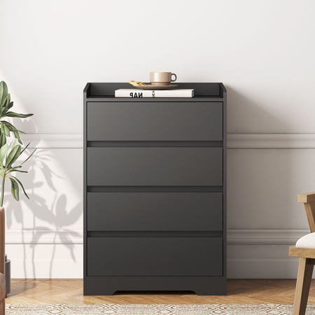 Black Chest of Drawers Without Handle 4 Drawer Wooden Dresser Perfect For Bedroom & Office Organization