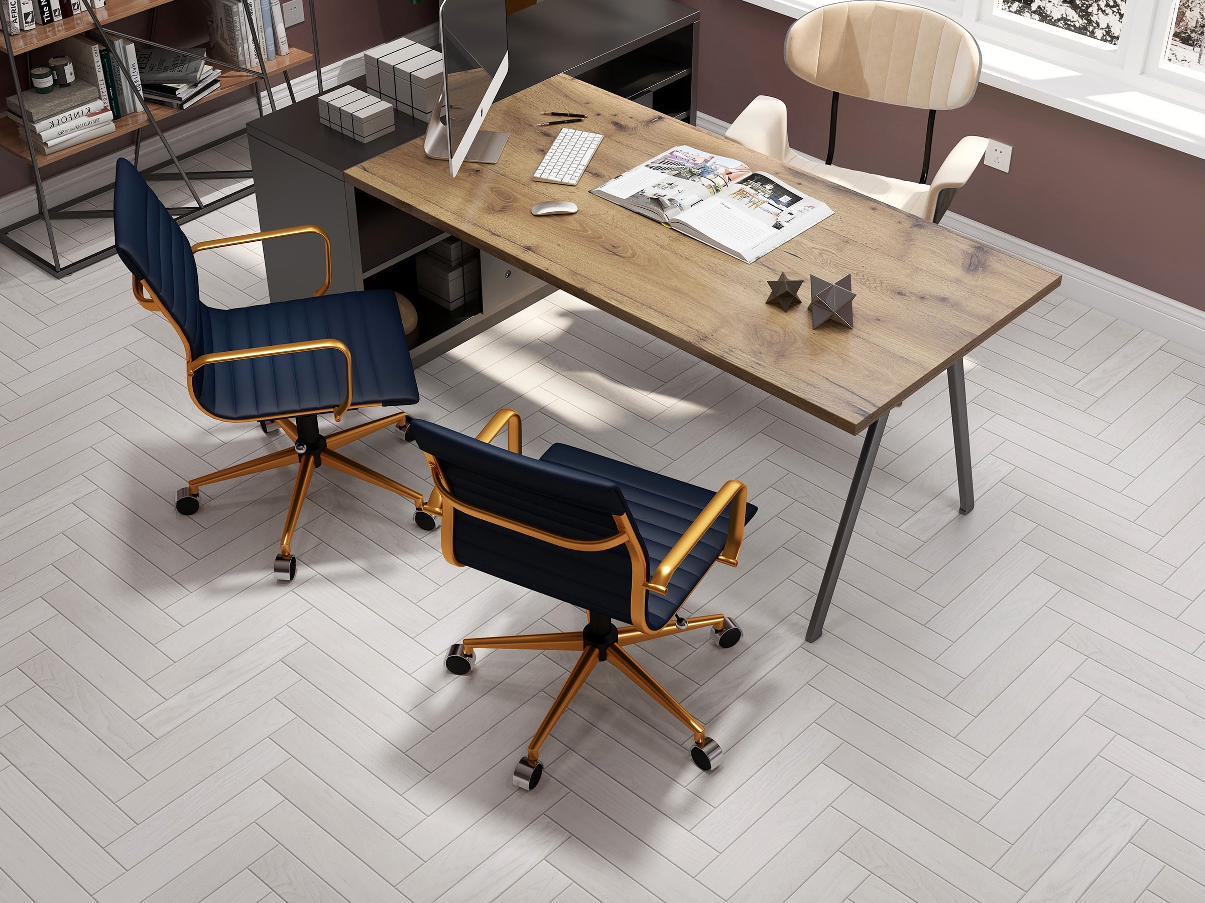 LUXMOD® Mid Back Gold Office Chair in Blue Leather, Adjustable Swivel Chair in Durable Vegan Leather, Ergonomic Desk Chair for Extra Back & Lumbar Support, Modern Executive Chair