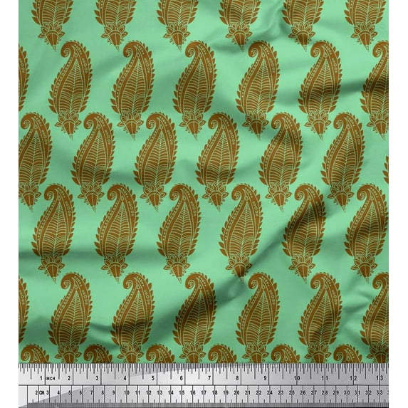 Soimoi Green Cotton Duck Fabric Brown Paisley Print Fabric by Yard 56 Inch Wide
