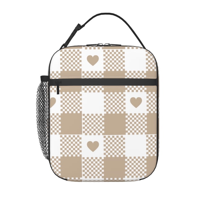 YFYANG Réutilisable Adulte / Enfants Portable Lunch Sac, Beige Love Plaid Pattern Mains Libres Boucle Poignée Isolation / Sac Froid pour l'École, Travail, Pique-Niques, Voyage