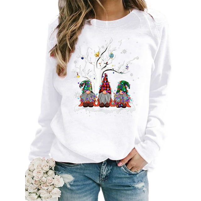 Innerwin Sweatshirts de Noël Imprimé Gnome pour Femmes, Pull-Over, Col Rond, Confortable, Blanc 2TG