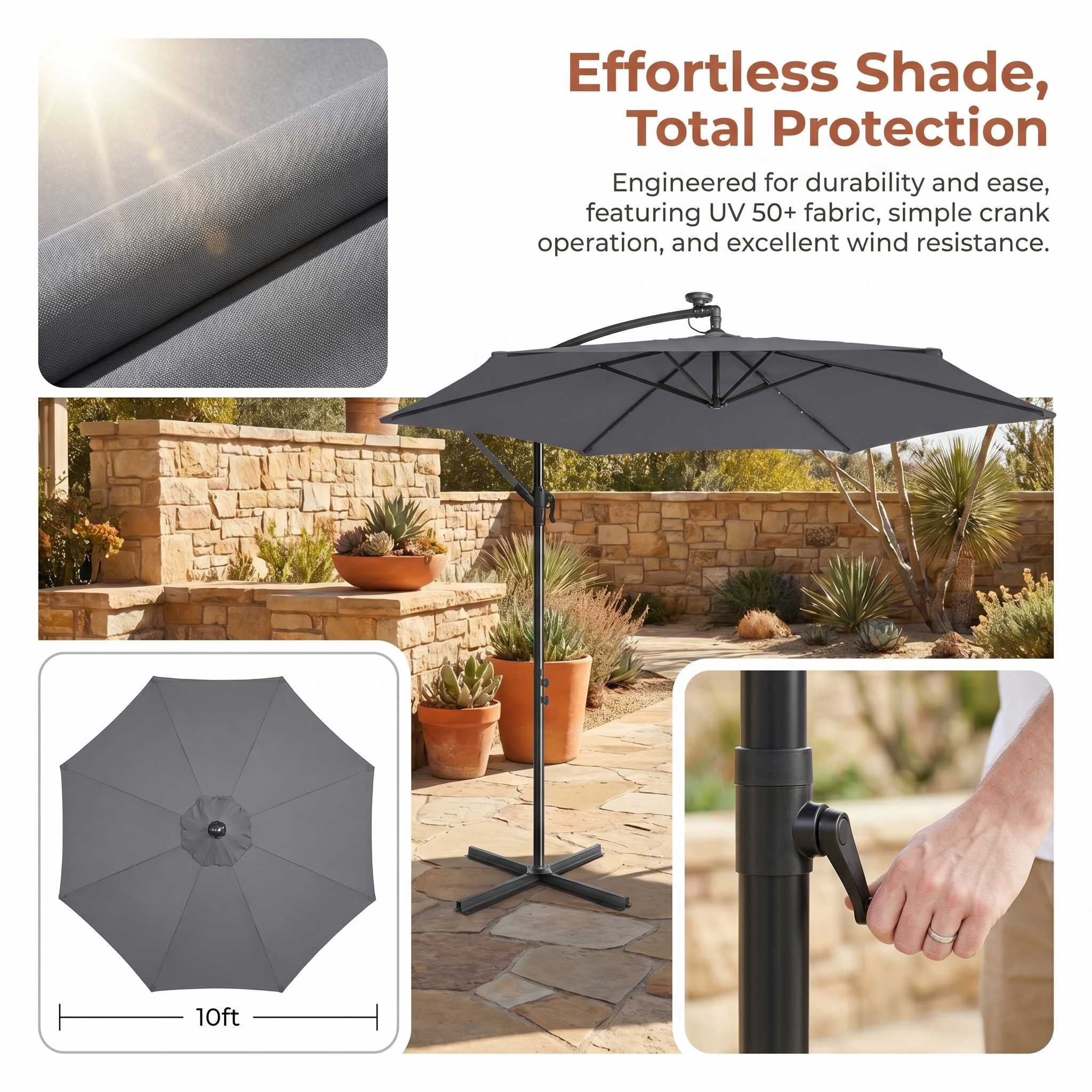 Ktaxon 10FT Patio Umbrella, Offset Cantilever Solar LED Outdoor Patio Table Umbrella, UV Protection, Fade Resistant Fabric, Easy Tilt Adjustment,Cross Base,Gray
