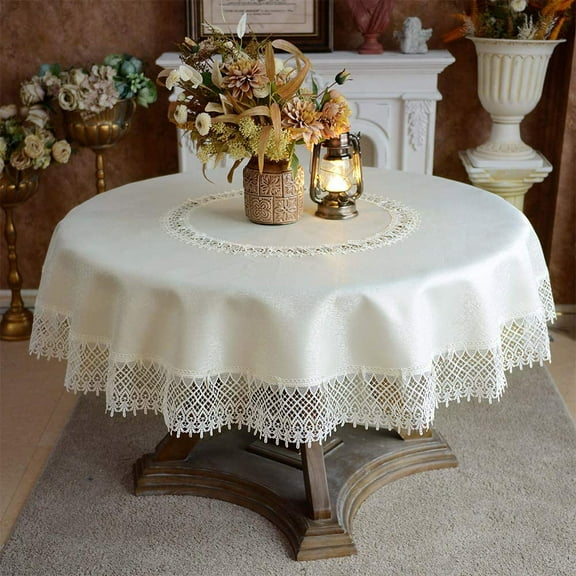 Round Tablecloth Lace Rustic Macrame Embroidered Table Cloths for Harvest Dresser Decor Farmhouse Kitchen Home (Ivory-2, 60" Round)