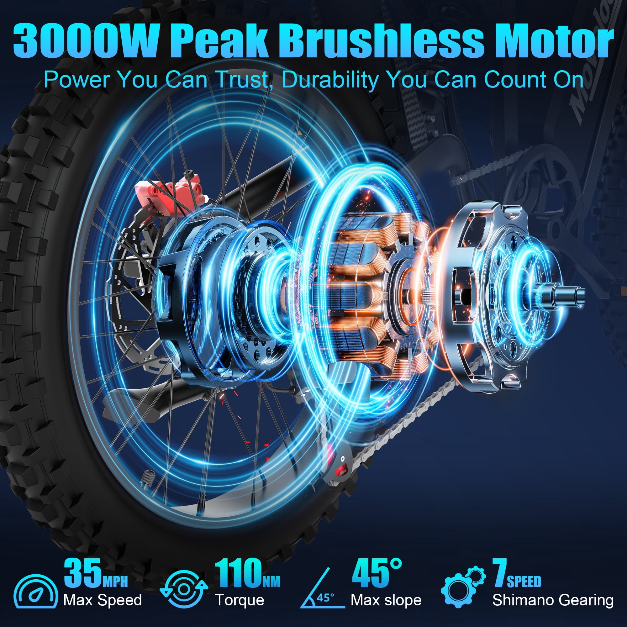 Moveloop Electric Bike, 3000W Peak Dual Motor 35 MPH Ebikes for Adults, 17“x3” Off-Road Tire Electric Mountain Bike, 48V 20 AH Battery, UL 2849
