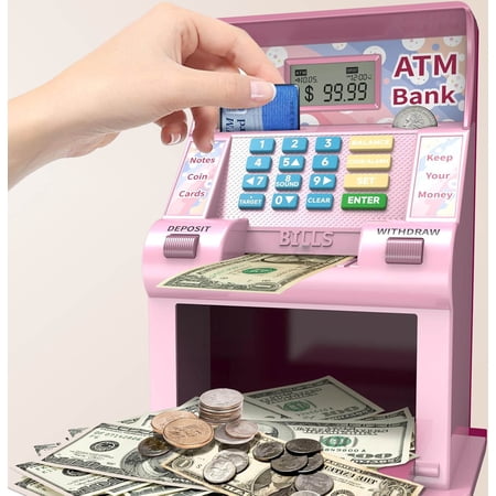 ATM Piggy Bank with Debit Card, Coin Recognition, Target Setting, Bill Feeder, Balance Calculator, Savings Machine Box