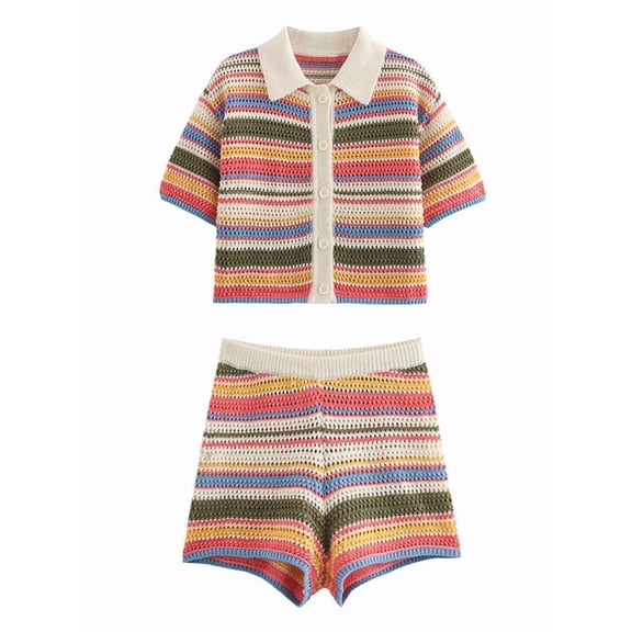 Two Piece Women Summer Casual Knit Short Sleeve Button Down Shirt and Shorts Matching Set Red Striped Suit S
