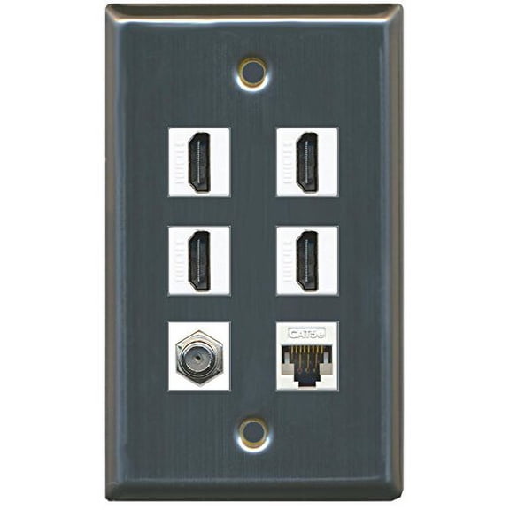 RiteAV (1 Gang Flat 4 HDMI Coax Cat5e White Wall Plate Stainless Steel