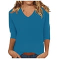 thumbnail image 1 of Camiseta básica de verano informal de color liso con cuello en V para mujer - Poliéster, manga 3/4, aberturas laterales - S-XXL, 1 of 5