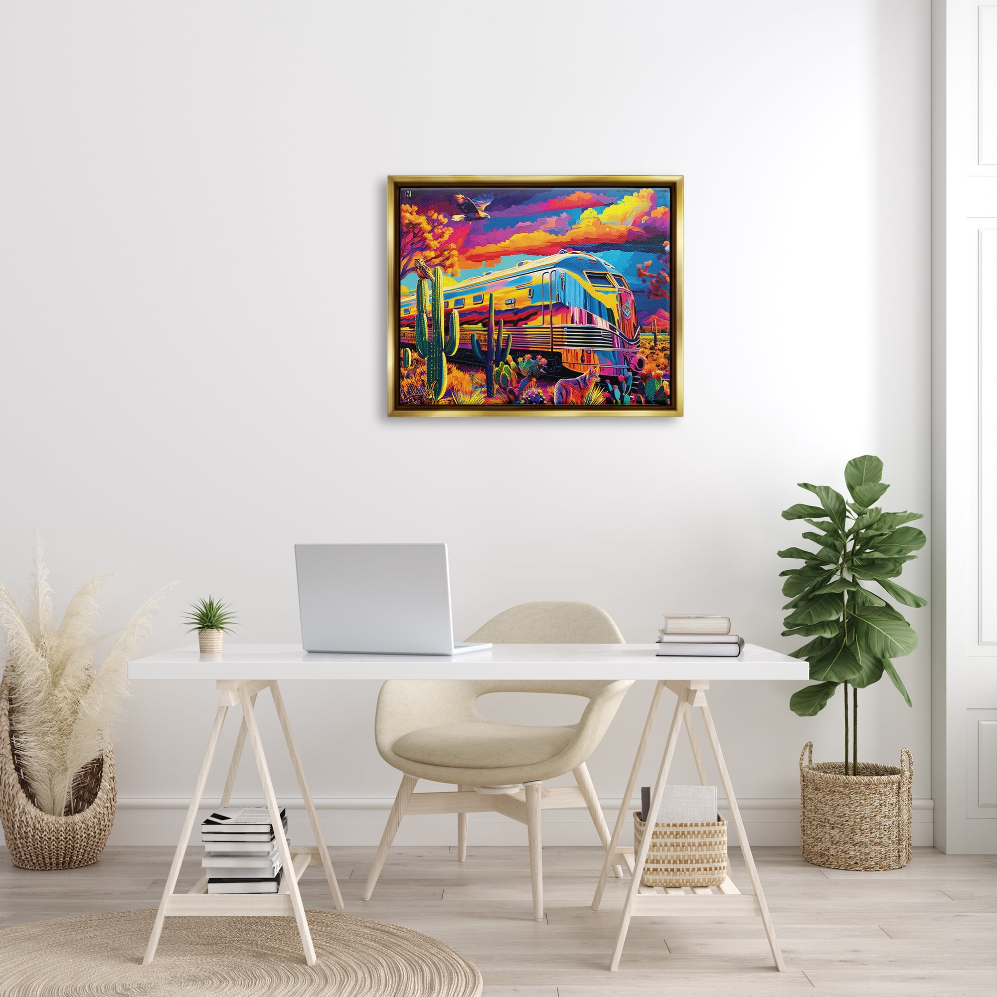 Stupell Industries Vivid Desert Train Scene Transportation Painting Gold Floater Framed Art Print Wall Art, 31 x 25