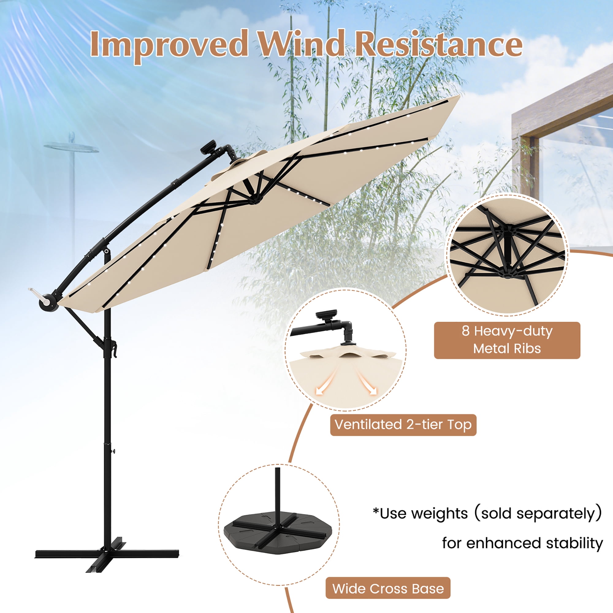 Gymax 10 ft Patio Offset Umbrella w/ Solar Lights Deck Umbrella w/ Easy Tilt Adjustment Beige