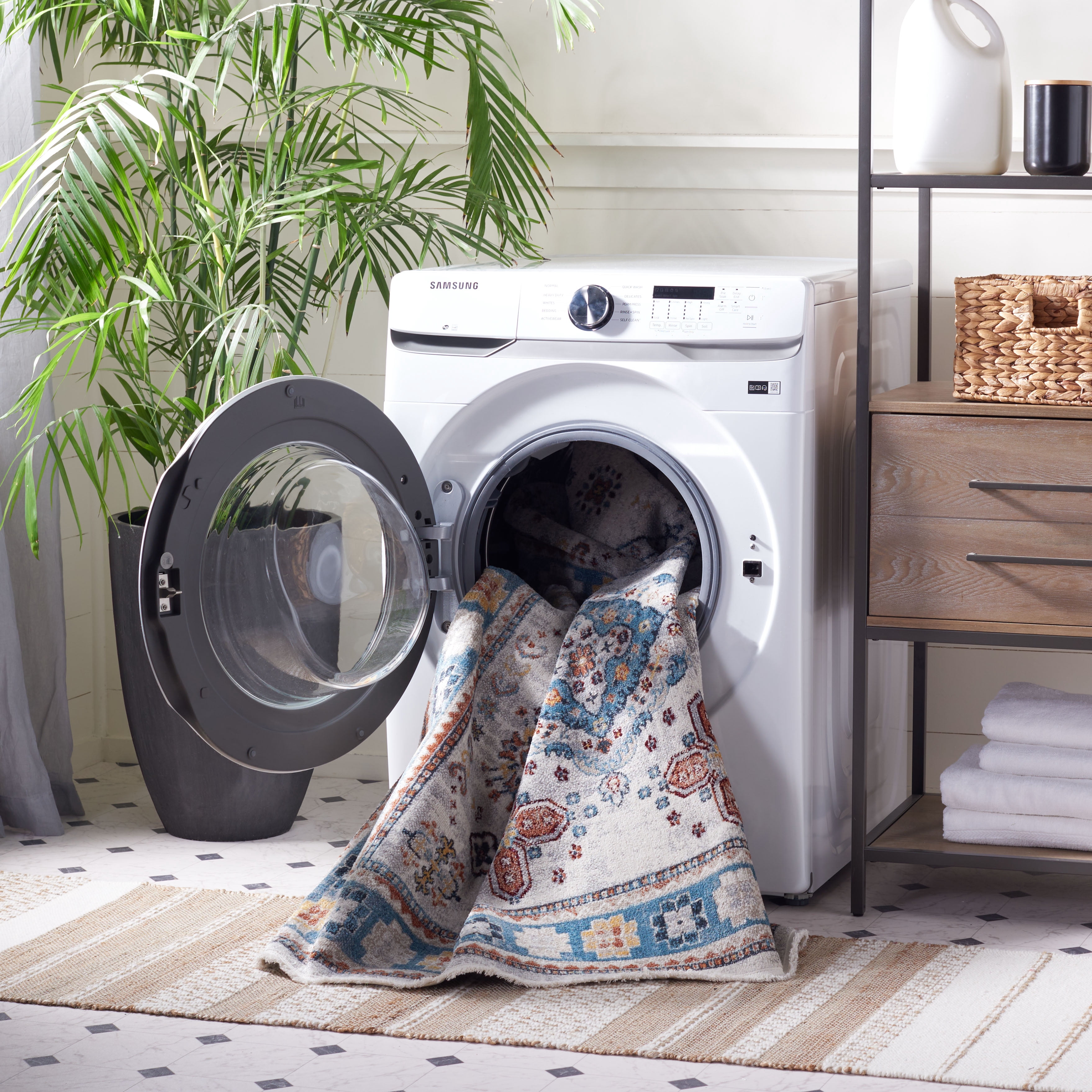 SAFAVIEH Bayside Bruno Oriental Polyester Machine Washable Area Rug, Gray/Blue, 8' x 10'