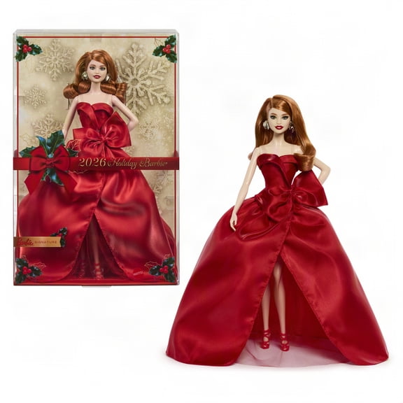 Barbie Signature 2026 Holiday Barbie Fashion Doll, Seasonal Collector, Red Hair with Red Gown with Bow Detai