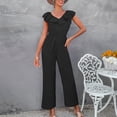 thumbnail image 2 of Mono largo de cintura alta con cuello en V para mujer, mono largo elegante informal sin mangas con volantes y pierna recta, 2 of 6