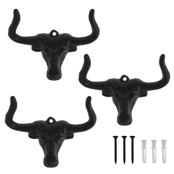 FKSZLL 3 Pcs Coat Hooks Wall Mount Bull Head Iron Decorative Wall Hooks Vintage Metal Double Hooks Multipurpose Wall Hooks for Home Farmhouse Entryway