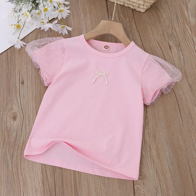 Camiseta de verano para niños, camisetas de manga corta para bebés y niñas, ropa de Color sólido con lazo de perlas, camisetas de algodón para niños, camisetas de 90cm Gao Jinjia LED