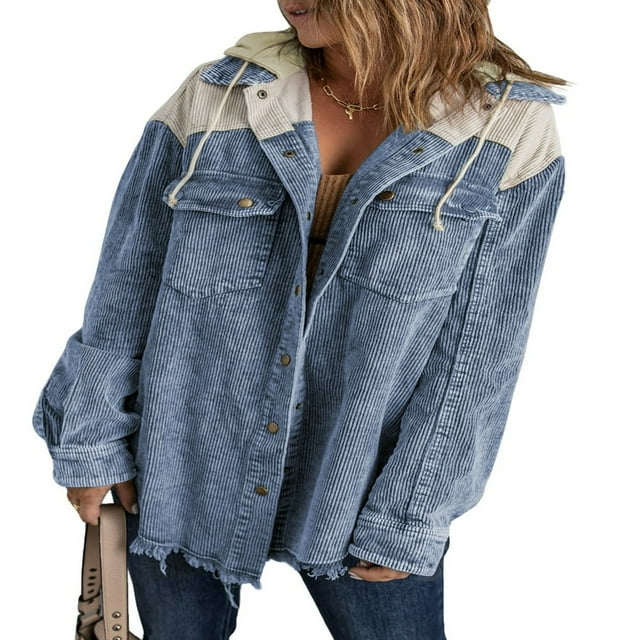 Womens Corduroy Shacket Jacket Long Sleeve Button Down Color Block Hooded Coat with Pockets