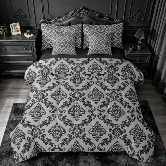 jejeloiu Bold Damask 7pcs Queen Bedding,Retro Print Bedding Comforter Set Queen For Adults,Black Gray,Black Reversible