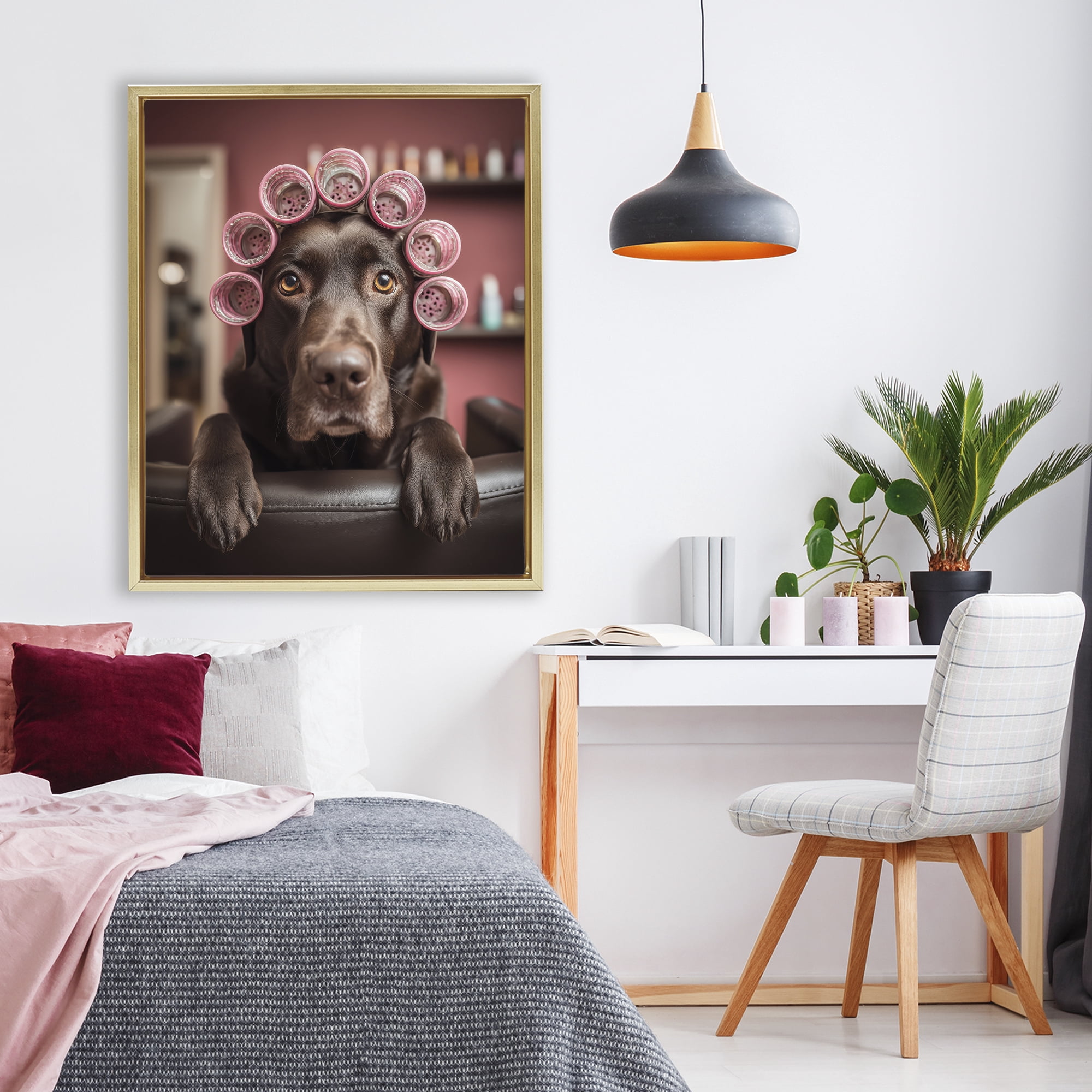 Stupell Industries Dog at Salon with Curlers Gold Framed Floater Canvas Wall Art, design by Scott Stulberg