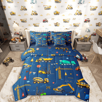 Castle Fairy Kawaii Tractor 7-Piece Twin Bedding Sets,Cartoon Car Bedding Comforter Set,Construction Vehicles Breathable Sheet Sets,Luxury Children Bedroom Decor,Reversible