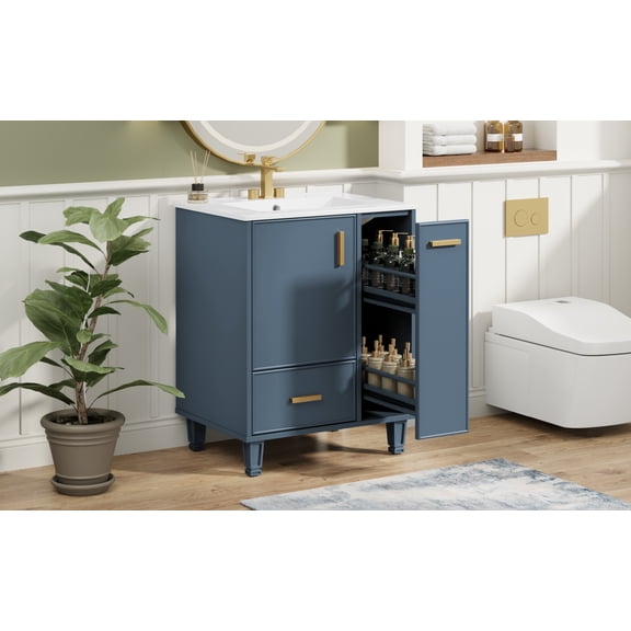 24 Inch Bathroom Vanity with Ceramic Sink, Storage Cabinet with Soft Close Door, Deep Drawer, 2 Tier Pull Out Basket, Solid Wood Frame, MDF Board, One Package, Grey Blue