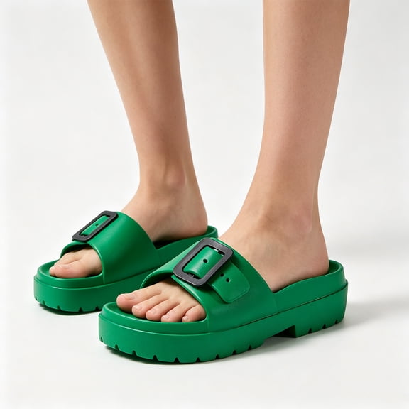 Women's Fashion Thick‑Sole Adjustable Buckle Strap Sandals, EVA Open‑Toe Slide Sandals For Summer Beach Pool Outdoor Casual Daily Wear Army Green