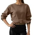 thumbnail image 2 of Women's Minimalist Cropped Sweatshirt - Round Neck Long Sleeve Button Waist Cinching, Loose Fit Casual Outfit Top For Winter,Size:S, 2 of 4