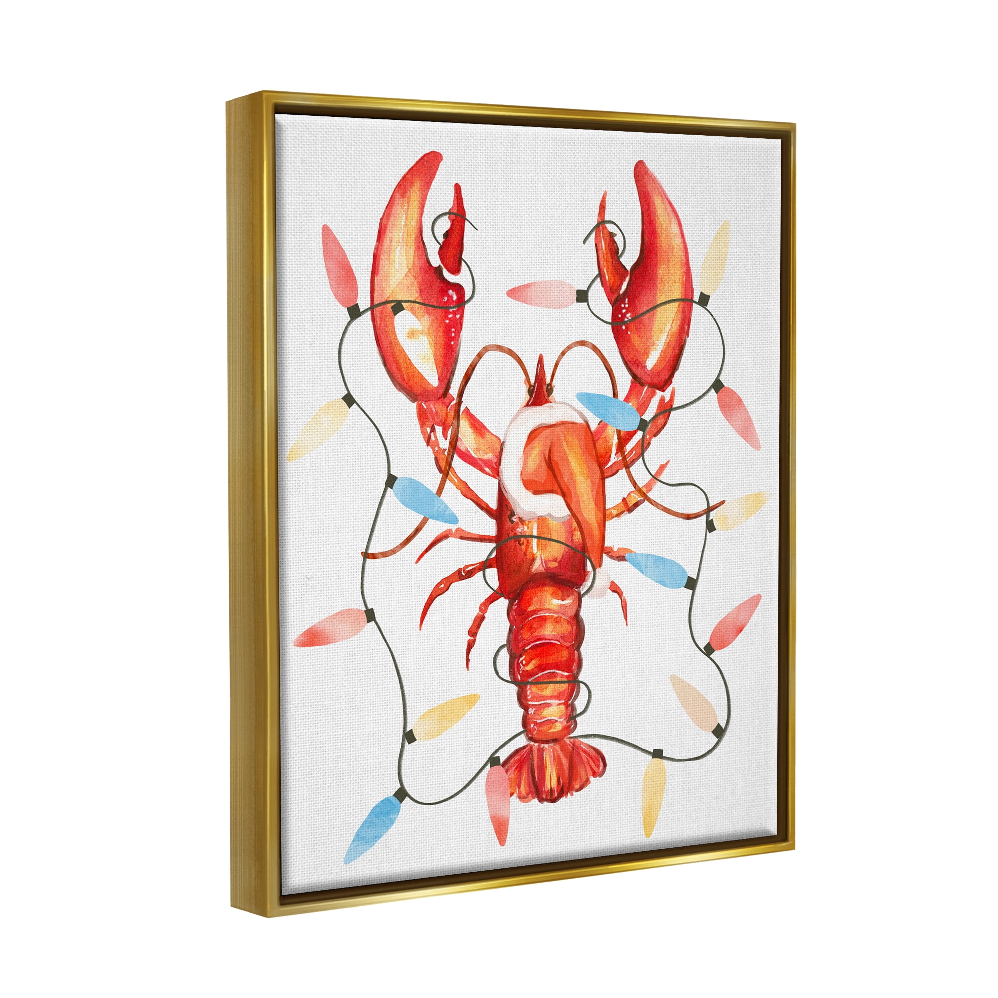 Stupell Industries Nautical Lobster Christmas Lights Holiday Painting Gold Floater Framed Art Print Wall Art