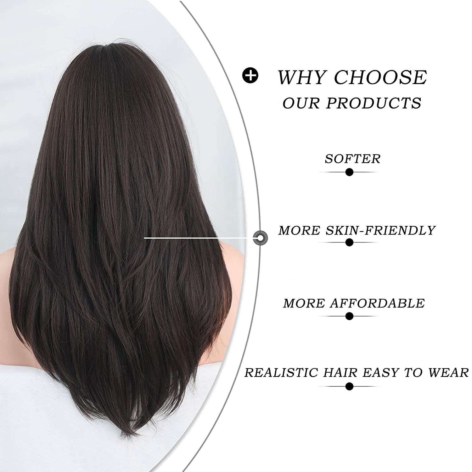 Mictong long natural black wig with bangs, women's straight hair wig, heat-resistant multi-layer wig, suitable for daily use, black, 1 piece