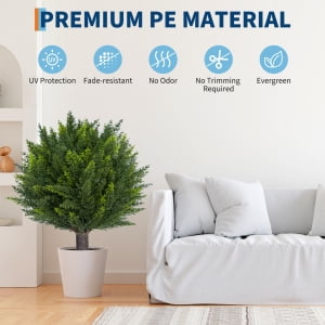 TEQIN Artificial Cedar Topiary Ball Tree with Ground Spike, 24.4" UV Resistant Artificial Bushes for Outdoors,2 Pcs Faux Shrubs, Weatherproof Fake Round Cypress Ball Bushes Plant for Front Porch