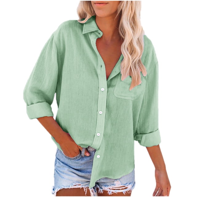 Meichang Chemise en Lin à Boutons pour Femme Basique à Manches Longues Col à Revers Hauts Unis Coupe Ample Blouses Habillées Décontractées Hauts en Coton et Lin