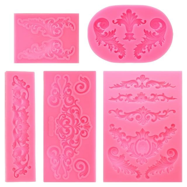Uxcell 5Pcs Molde de Arcilla de Polímero, Molde de Fondant Molde 3D Barroco Lod-Mold Silicona para Manualidades Secado al Aire DIY Pastel Chocolate Caramelo Azúcar Horneado, Rosa