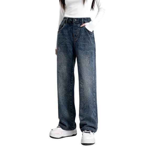 Atogsazn Children's Girls Fleece Lined Jeans Kids Casual Wide Leg Loose Fit Denim Pant Fall Winter Trouser with Pocket Sky Blue 8-9 Years Fashion