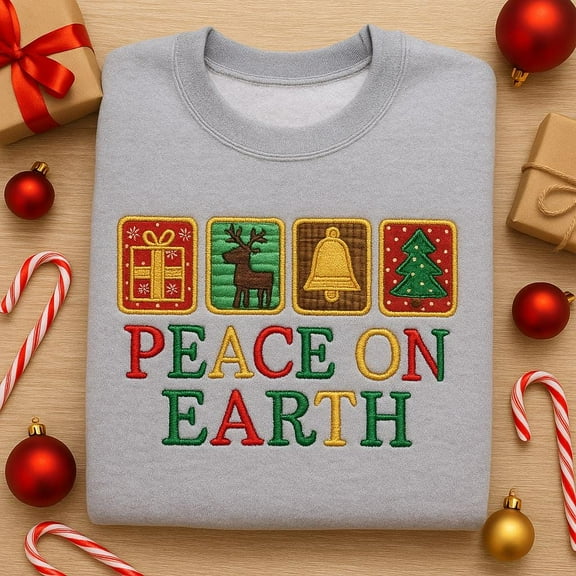 Embroidered Peace On Earth Sweatshirt, Christmas Quilt Block Crewneck, Religious Holiday Gift, Reindeer Pullover, Festive Shirt
