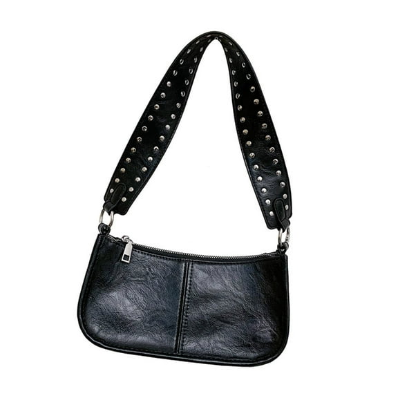 Women's Trendy Rivets Studded Wide Strap Shoulder Bag PU 90s Styles Handbag Small Crossbody Purse Underarm Bag