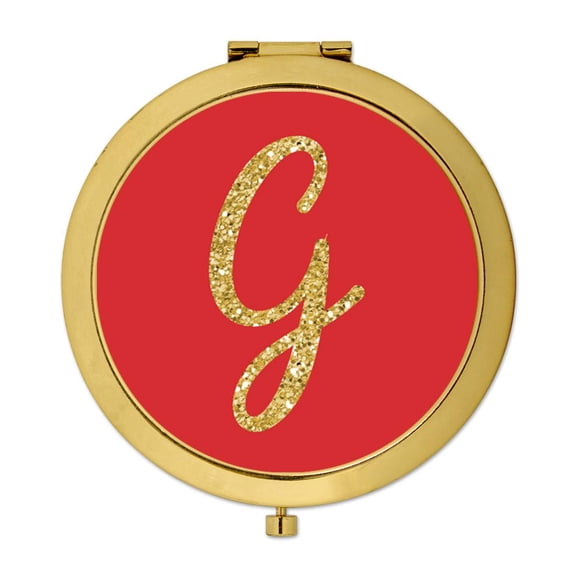 Koyal Wholesale Gold Compact Mirror Bridesmaid's Wedding Gift, Red with Faux Gold Glitter, Monogram Letter G, 1-Pack