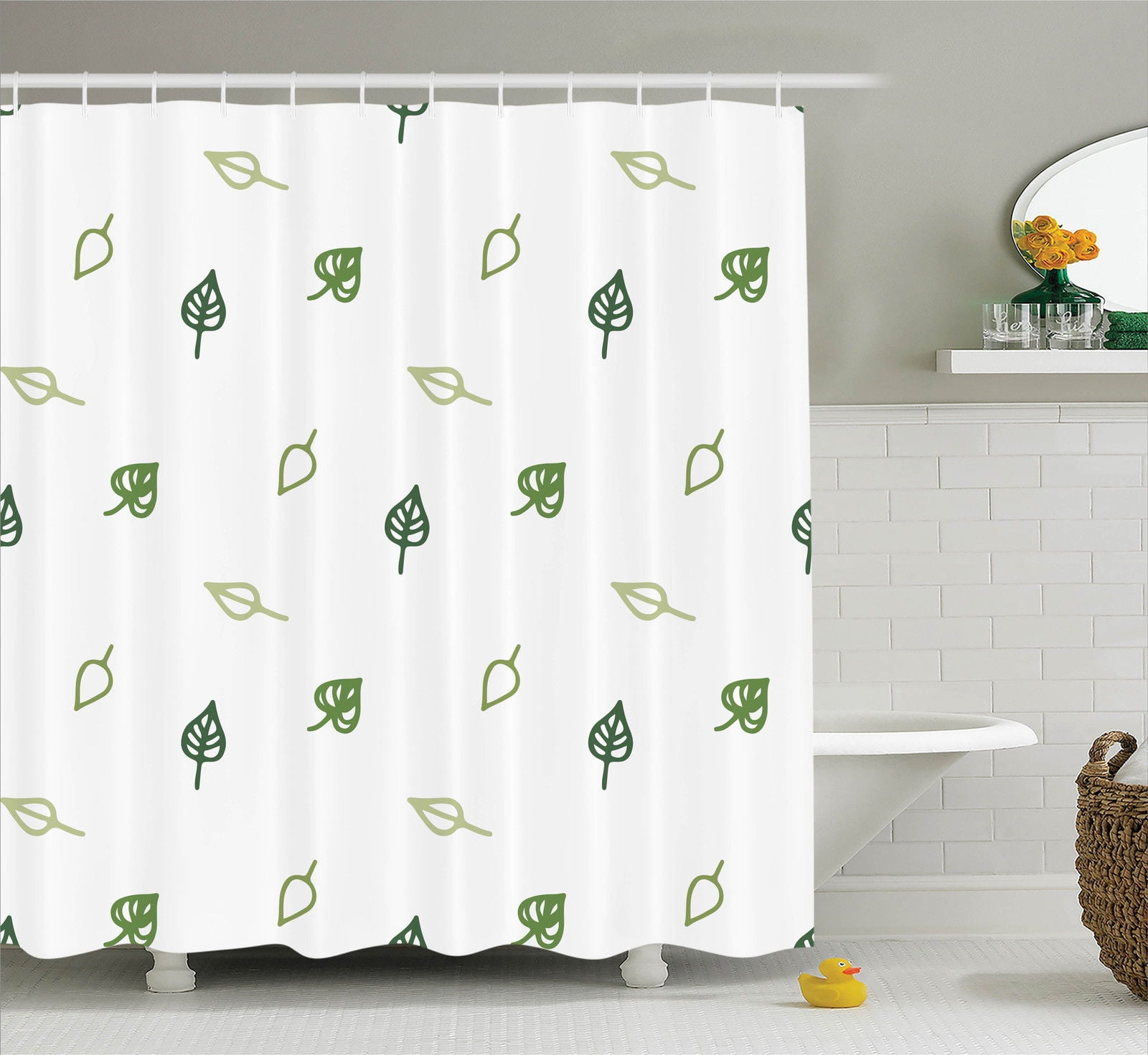 Leaves Decor Shower Curtain Set, Modern Minimalistic Leaves Styled With Elegant Abstract ...