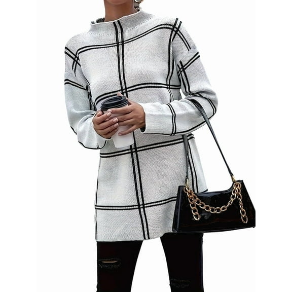Checkered Knit Sweater for Women Fall Winter Casual Mock Neck Pullover Striped Sweaters Color Block Tops White S