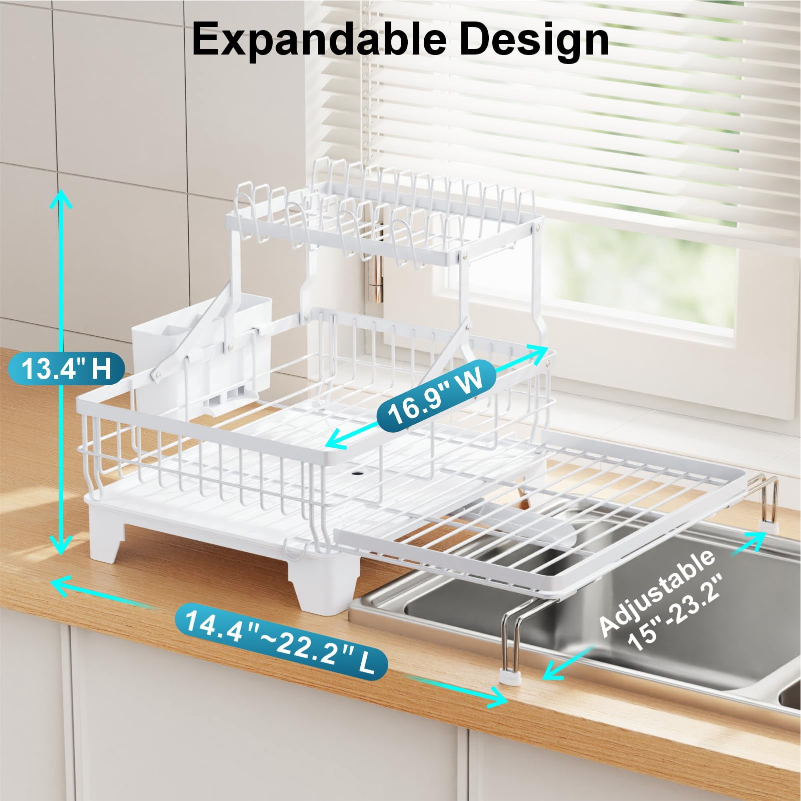 Large 2 Tier Dish Drying Rack  Expandable Heavy-duty For Kitchen Counter Rust-resistant Drainer With Utensil & Cup Holder Auto-drain 16.9" W X 14.4"-22.4" L White