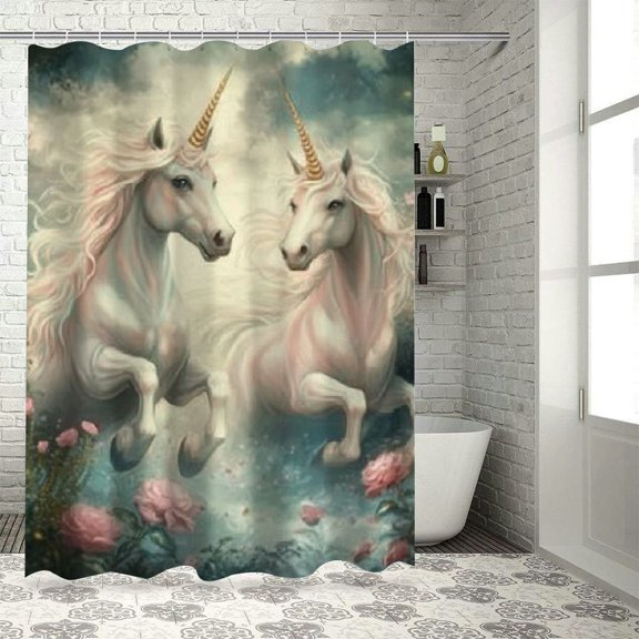 BCIIG Unicorns Flowers Fantasy Shower Curtain Set With Hooks 36"x72