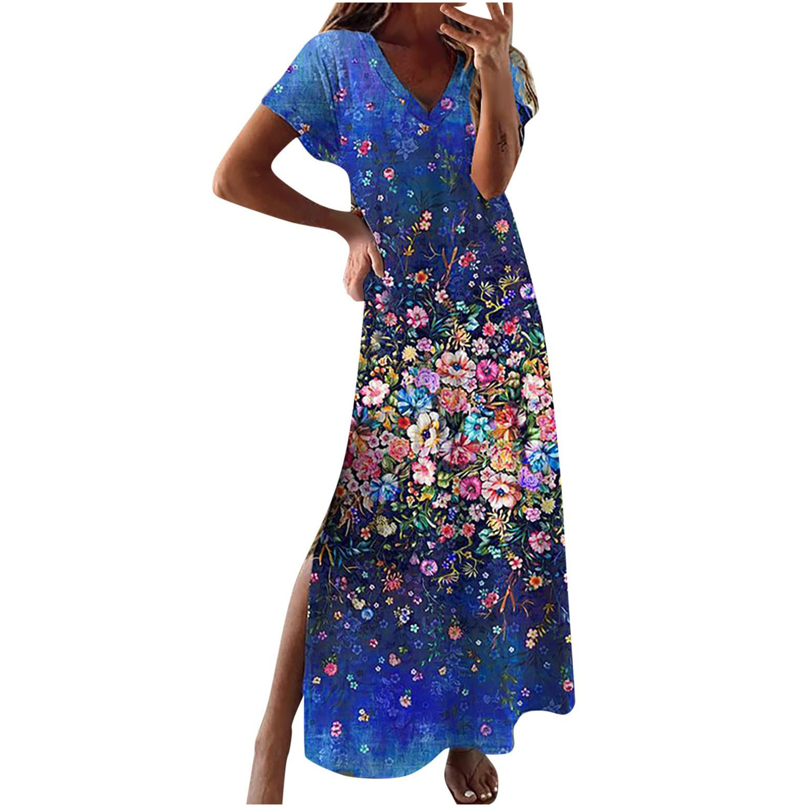 ClearanceSale Dresses for Women 2023 Short Sleeve Printing Floral Pattern Dress VNeck Midi