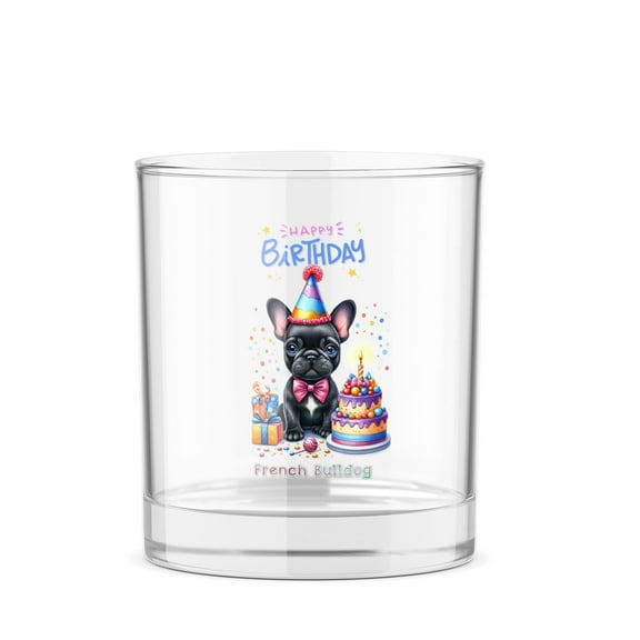 Happy Birthday Cute Puppy French Bulldog with Cake Gifts Party Hat 11oz Whiskey Glass Mug Dog Lover Gifts Whiskey Cocktail Glasses Cup - 00029