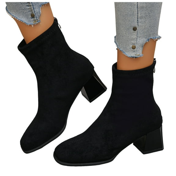 Womens Winter Fall Dress Boots 2025 Fashion Casual Suede Chunky Heeled Mid Calf Short Ankle Booties for Ladies Black Size 6.5
