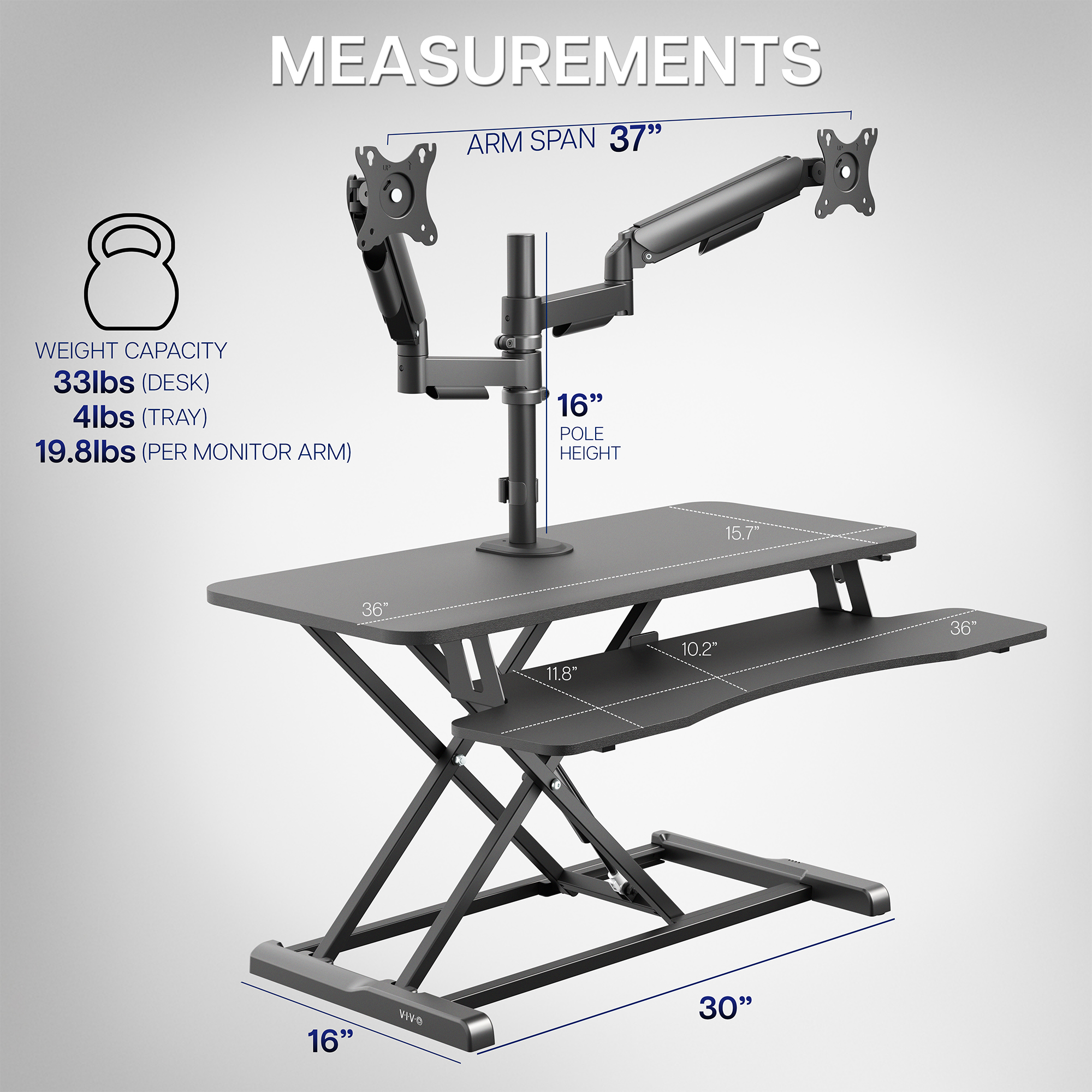 VIVO Black 36" Standing Desk Riser with Dual Monitor Arm for up to 32" Screens