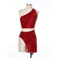 thumbnail image 3 of Yartina Women 2Pcs Shiny Lyrical Dance Outfit One Shoulder Crop Top with Skirt for Stage Performance Burgundy XXL, 3 of 7