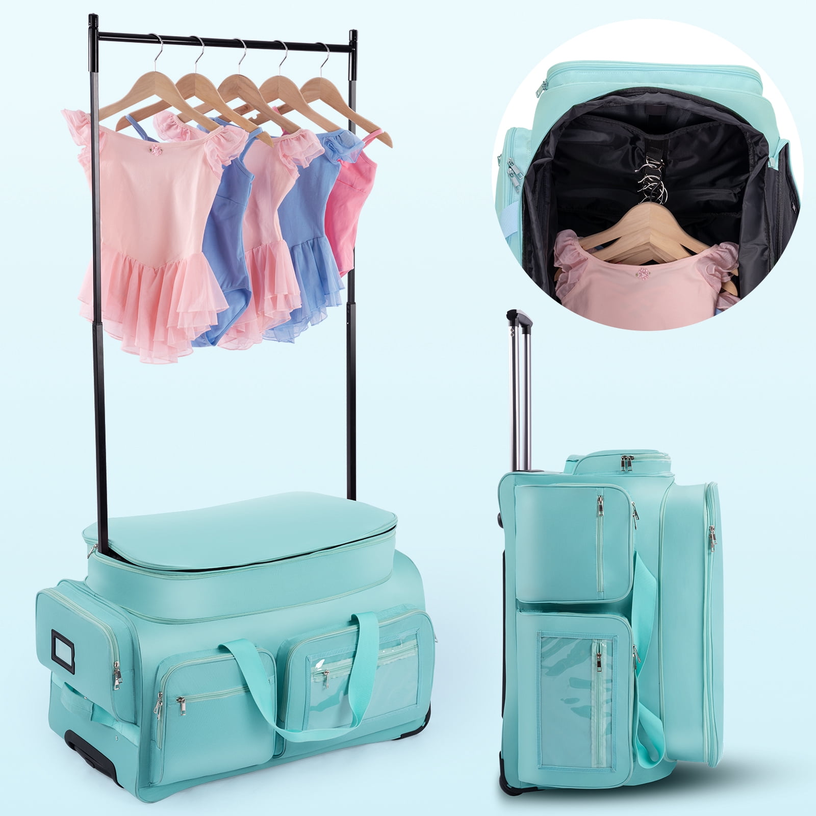 Dance Bag with Garment Rack,28" Teal Dance Bag with Rack Dance Costumes Rolling Garment Bags For Travel, Garment Duffle Bag For Dance Competition Travel Bag with Garment Rack Cyan